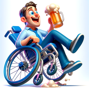 DALL·E 2023-12-13 08.07.13 – Revise the previously created image of a 3D vector style wheelchair user, focusing on improving the facial expression for a more comical and excited l