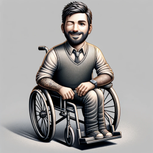 DALL·E 2023-12-15 13.56.54 – Design a 3D realistic tattoo that represents the character in the image provided, including his wheelchair. The character should maintain his original
