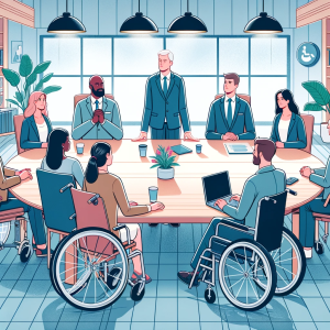 DALL·E 2023-12-18 16.47.27 – Equipe diversificada em uma reunião de trabalho, incluindo pessoas com e sem deficiência. A imagem mostra uma sala de reuniões com uma grande mesa, on