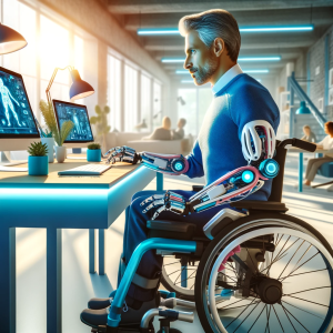 DALL·E 2023-12-19 08.36.13 – A person with a disability using an assistive technology device, dressed in blue, pink, and white colors. The setting is an inclusive workspace with m