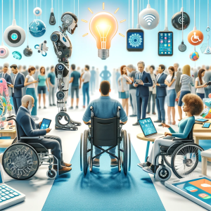 DALL·E 2023-12-19 08.36.37 – Innovations in assistive technology, showing a variety of modern and accessible devices designed for people with disabilities. The scene includes diff