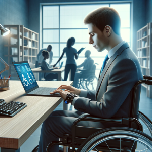 DALL·E 2023-12-19 08.36.54 – A person with a disability achieving success with the help of assistive technology. The scene shows an individual in a modern workplace or educational