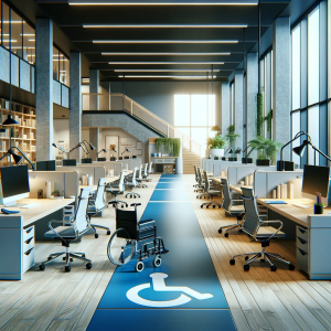 DALL·E 2023-12-19 08.54.50 – A modern and accessible office space, designed to accommodate people with disabilities. The image should show a spacious and well-lit office with wide