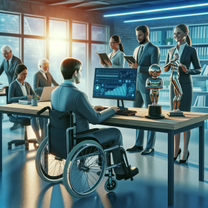 DALL·E 2023-12-19 08.55.10 – Image showing a person with a disability being successful in an inclusive work environment. The scene includes the person working at a desk with adapt
