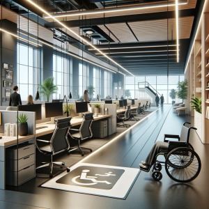 DALL·E 2023-12-19 10.10.19 – Modern and accessible workplace environment designed for inclusivity, showing facilities and features that accommodate people with disabilities. The s