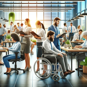 DALL·E 2023-12-19 10.10.42 – Image illustrating diversity and inclusion in the workplace, featuring people of different abilities and backgrounds working together harmoniously. Th