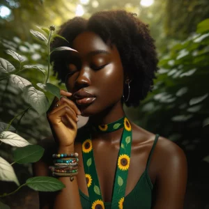 DALL·E 2024-02-28 19.33.15 – Portrait of a black woman in a serene outdoor setting, focused on her face and upper body to emphasize a green lanyard with sunflower prints around he