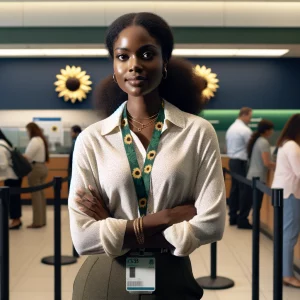 DALL·E 2024-02-28 19.43.53 – Portrait of a black woman inside a bank setting, wearing professional attire with a green lanyard featuring sunflower prints around her neck. She is s
